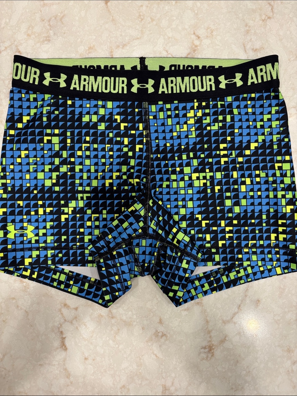 Under Armour Women’s Black, Blue & Lime Geometric Compression Shorts Size Medium
